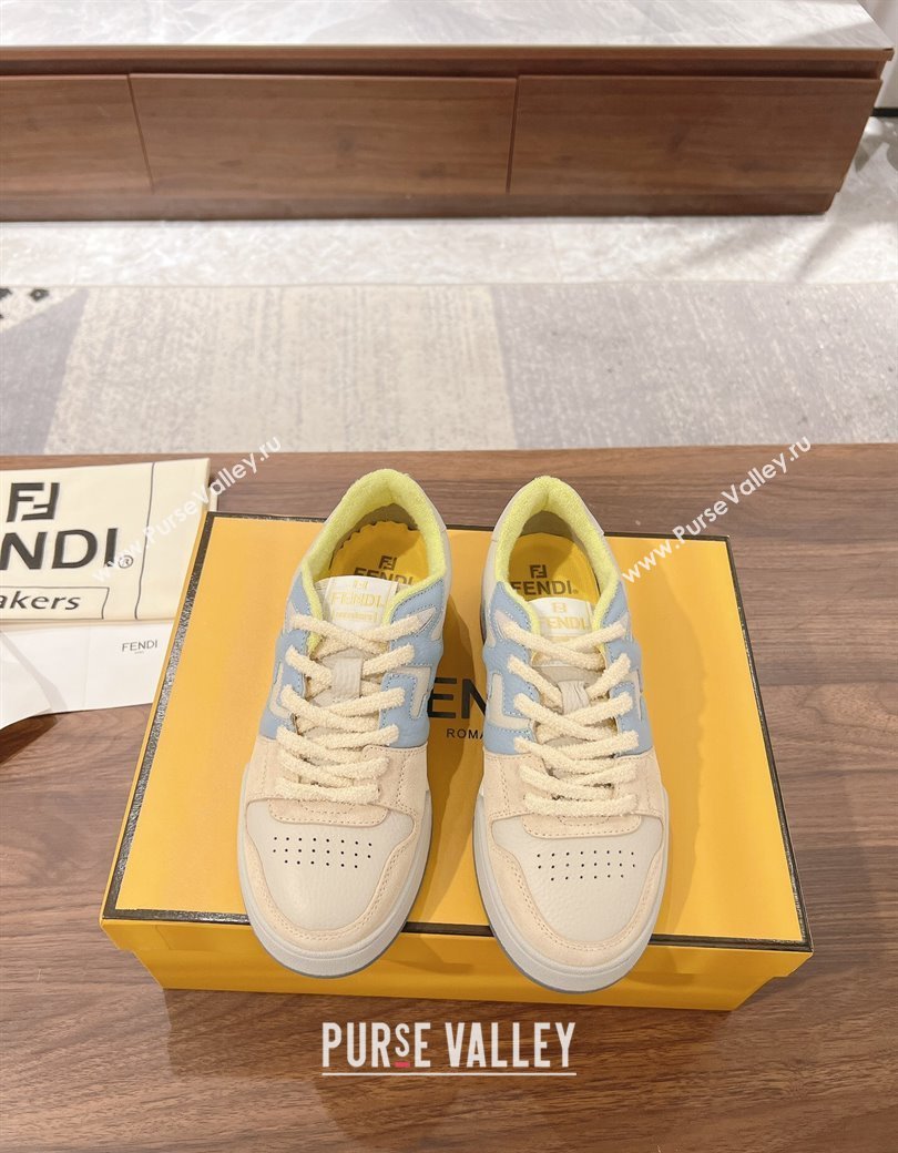 Fendi Match Low-top Sneakers in Grained Leather and Suede Beige/Light Blue 2025 0219 (MD-250220124)