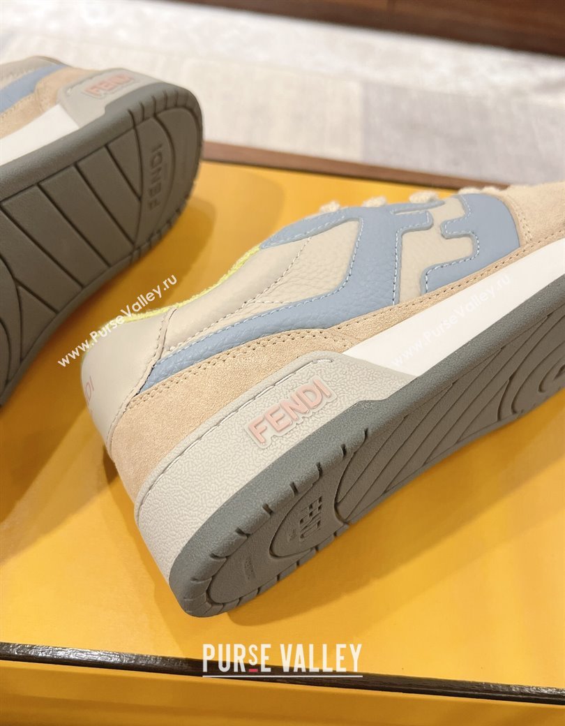 Fendi Match Low-top Sneakers in Grained Leather and Suede Beige/Light Blue 2025 0219 (MD-250220124)
