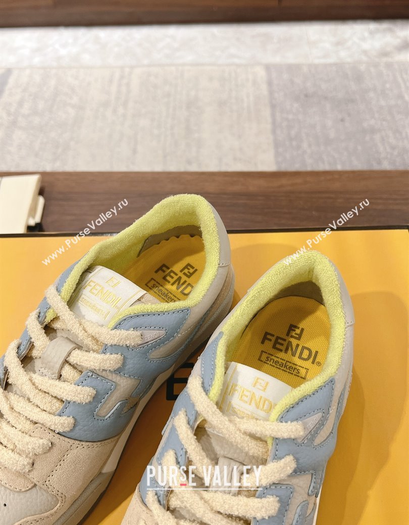 Fendi Match Low-top Sneakers in Grained Leather and Suede Beige/Light Blue 2025 0219 (MD-250220124)