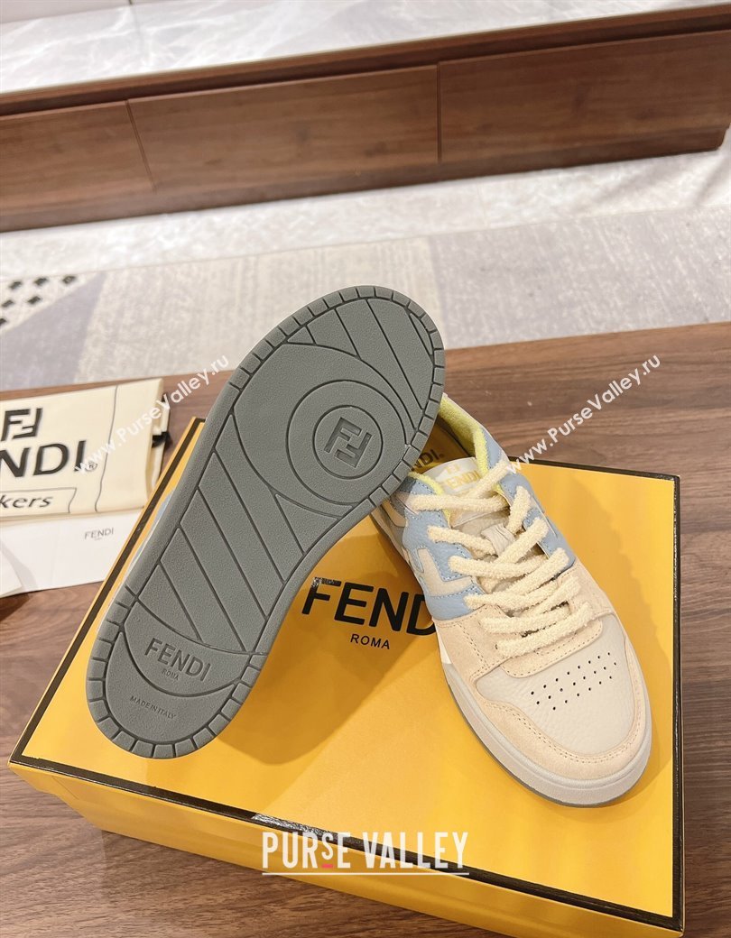 Fendi Match Low-top Sneakers in Grained Leather and Suede Beige/Light Blue 2025 0219 (MD-250220124)