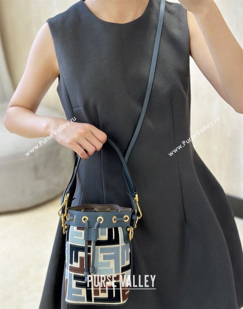 Fendi Mon Tresor Canvas Mini Bucket Bag with Multicolor FF Embroidery Midnight Blue 2025 038 (CL-250403053)