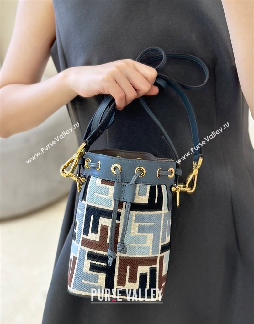 Fendi Mon Tresor Canvas Mini Bucket Bag with Multicolor FF Embroidery Midnight Blue 2025 038 (CL-250403053)