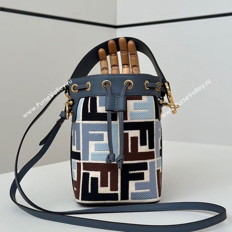 Fendi Mon Tresor Canvas Mini Bucket Bag with Multicolor FF Embroidery Midnight Blue 2025 038 (CL-250403053)