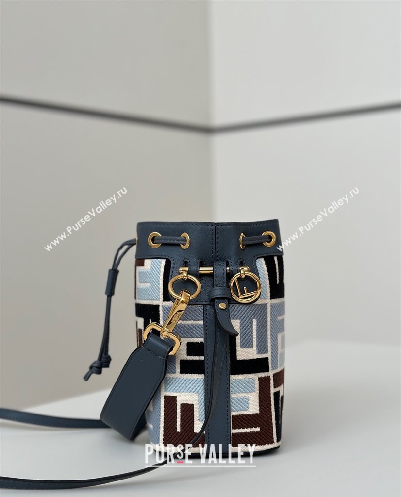 Fendi Mon Tresor Canvas Mini Bucket Bag with Multicolor FF Embroidery Midnight Blue 2025 038 (CL-250403053)