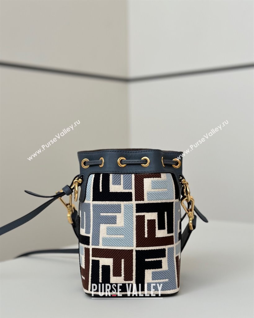 Fendi Mon Tresor Canvas Mini Bucket Bag with Multicolor FF Embroidery Midnight Blue 2025 038 (CL-250403053)