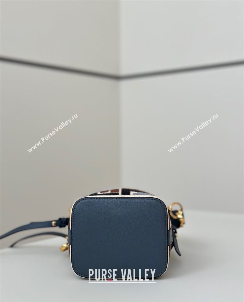 Fendi Mon Tresor Canvas Mini Bucket Bag with Multicolor FF Embroidery Midnight Blue 2025 038 (CL-250403053)