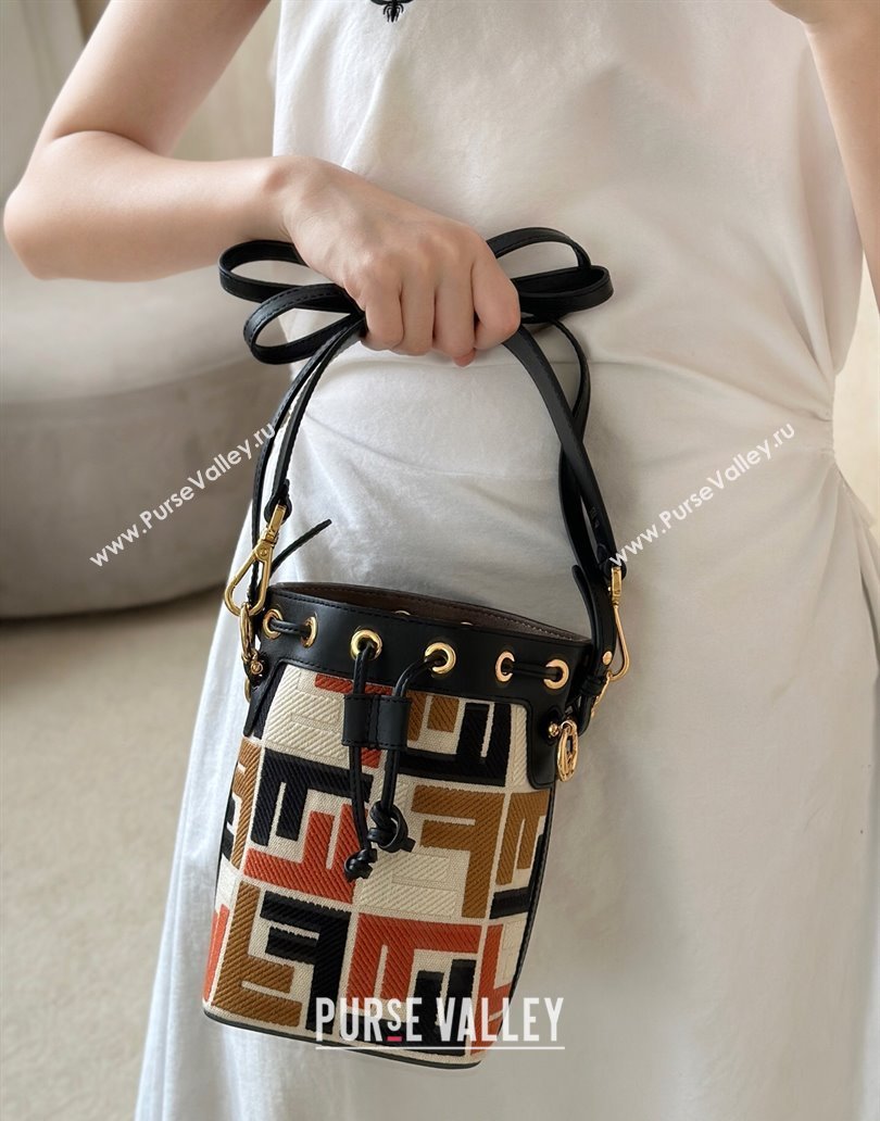 Fendi Mon Tresor Canvas Mini Bucket Bag with Multicolor FF Embroidery Black 2025 038 (CL-250403054)