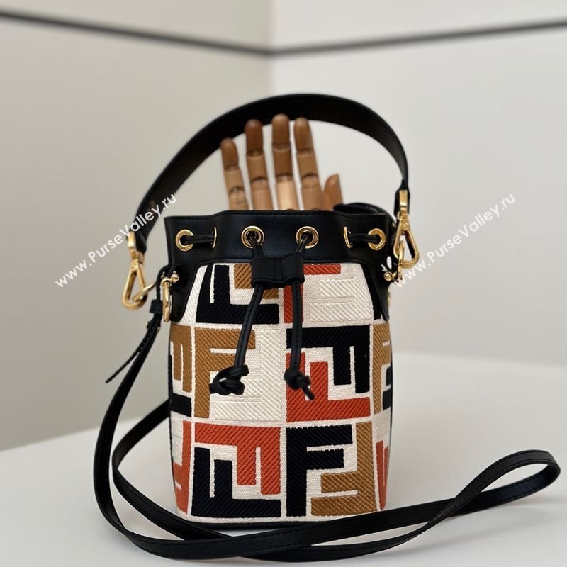 Fendi Mon Tresor Canvas Mini Bucket Bag with Multicolor FF Embroidery Black 2025 038 (CL-250403054)