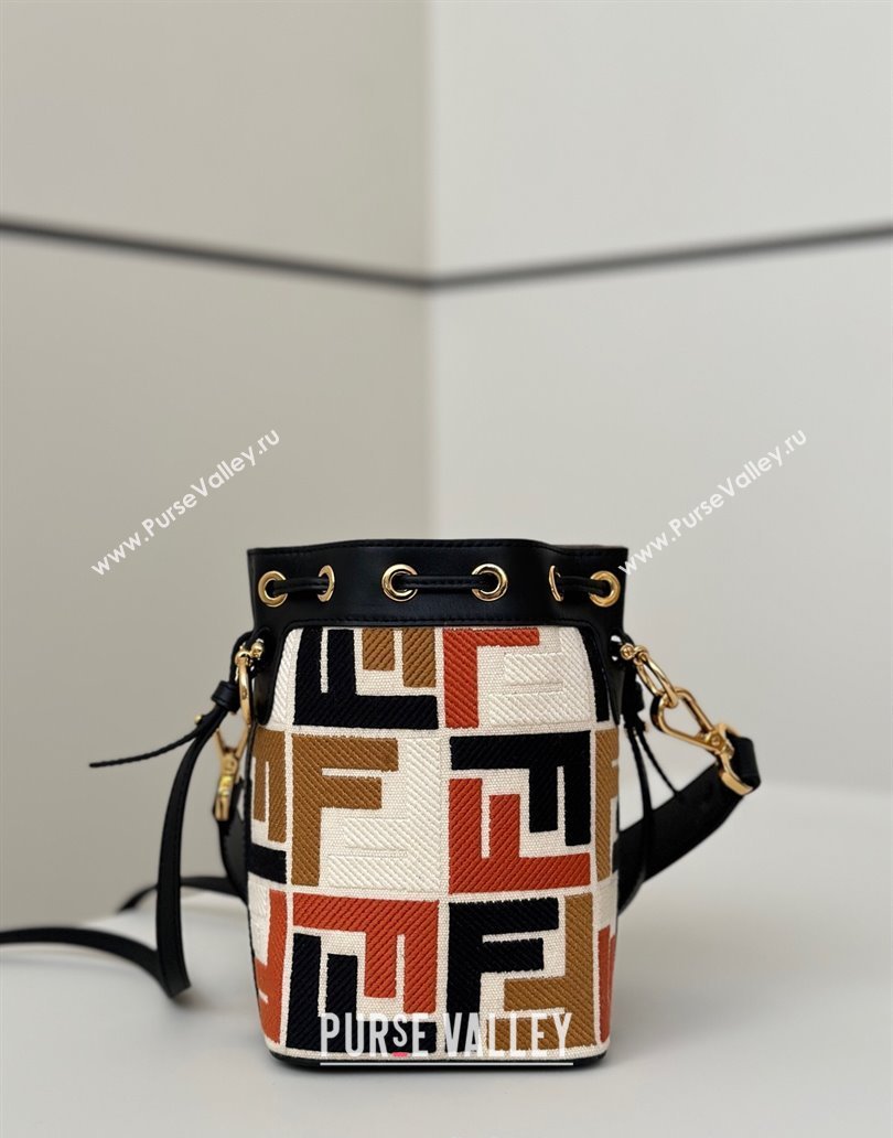Fendi Mon Tresor Canvas Mini Bucket Bag with Multicolor FF Embroidery Black 2025 038 (CL-250403054)