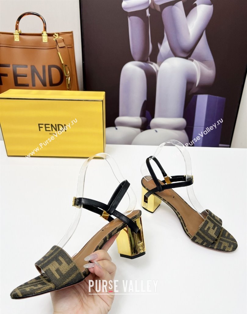 Fendi Delfina Medium Heel Sandals 6cm in Brown FF Jacquard Fabric 2025 (MD-250425134)