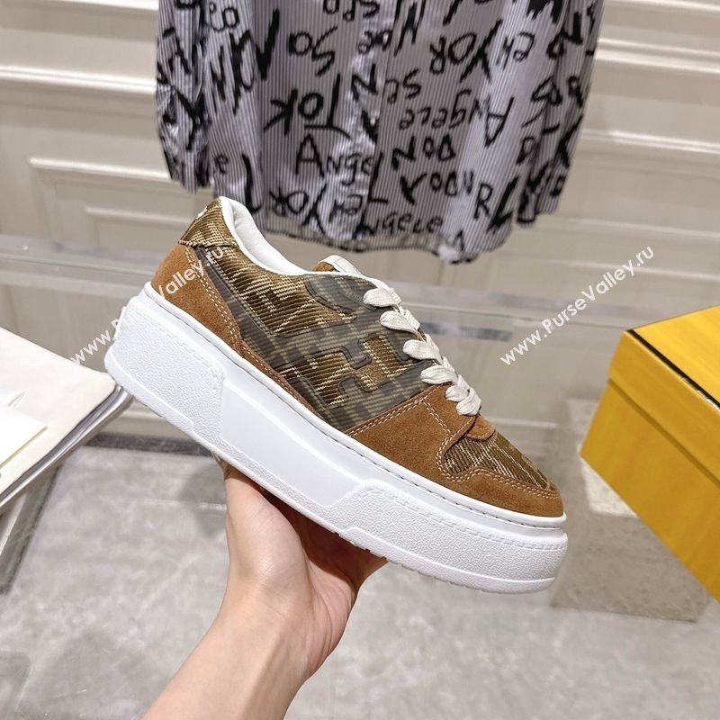 Fendi Match Platform Sneakers 5cm in FF Jacquard and Suede Tan Brown 2025 0426 (MD-250426027)