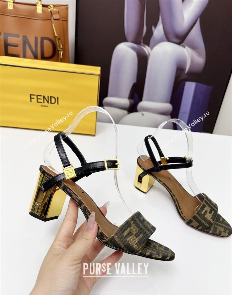 Fendi Delfina Medium Heel Sandals 6cm in Brown FF Jacquard Fabric 2025 (MD-250425134)