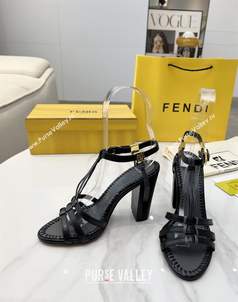 Fendi Delfina High Heel Sandals 10cm in Leather with T-bar Strap Black 2025 (MD-250425129)