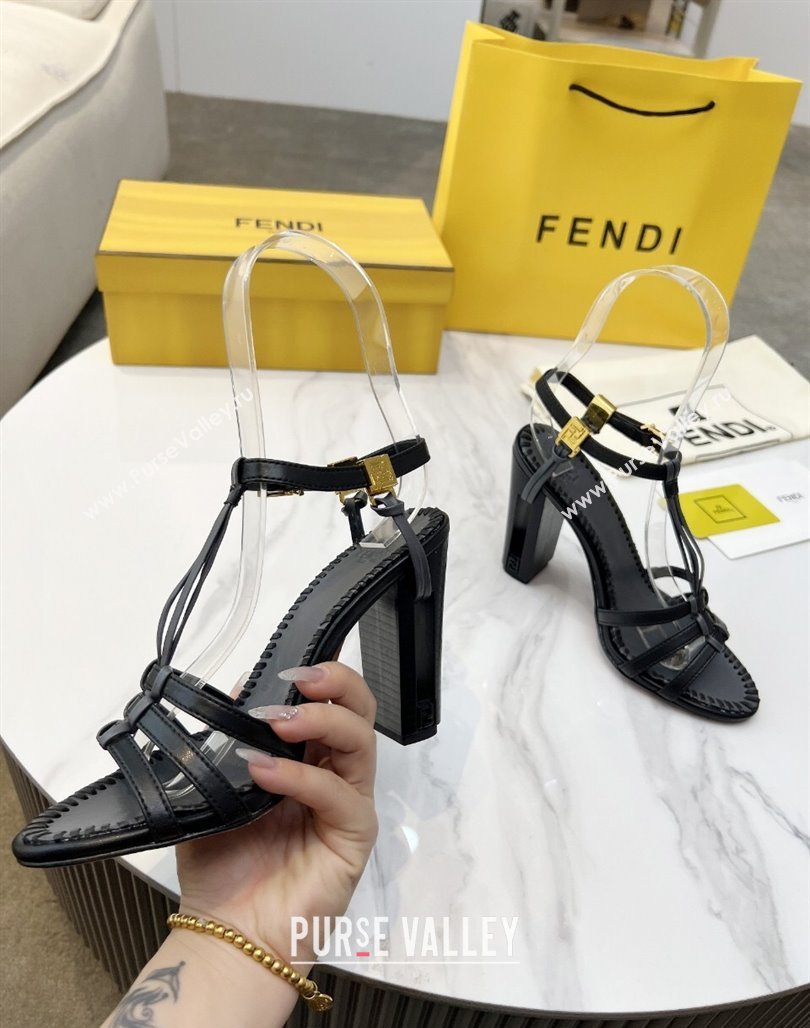 Fendi Delfina High Heel Sandals 10cm in Leather with T-bar Strap Black 2025 (MD-250425129)