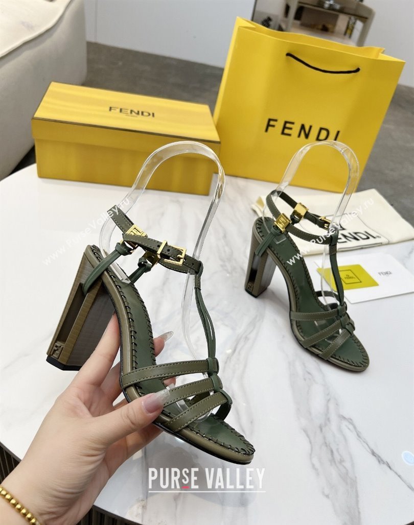 Fendi Delfina High Heel Sandals 10cm in Leather with T-bar Strap Green 2025 (MD-250425130)