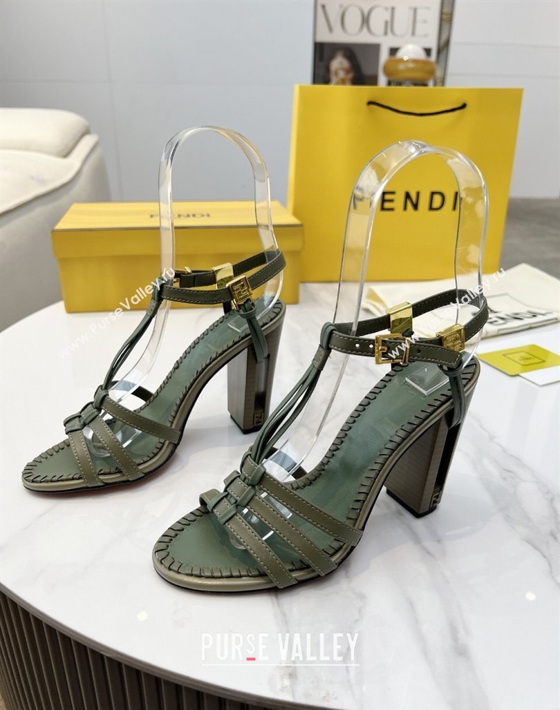 Fendi Delfina High Heel Sandals 10cm in Leather with T-bar Strap Green 2025 (MD-250425130)