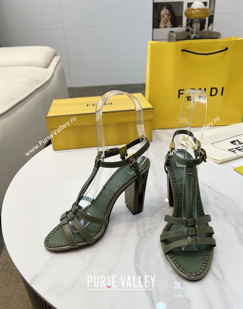 Fendi Delfina High Heel Sandals 10cm in Leather with T-bar Strap Green 2025 (MD-250425130)