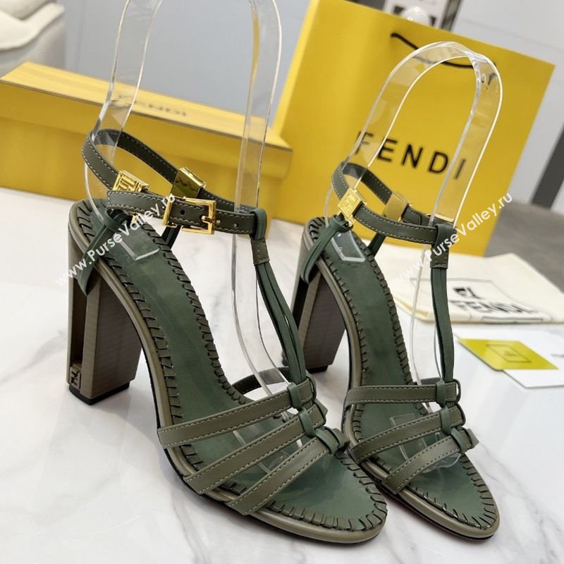 Fendi Delfina High Heel Sandals 10cm in Leather with T-bar Strap Green 2025 (MD-250425130)