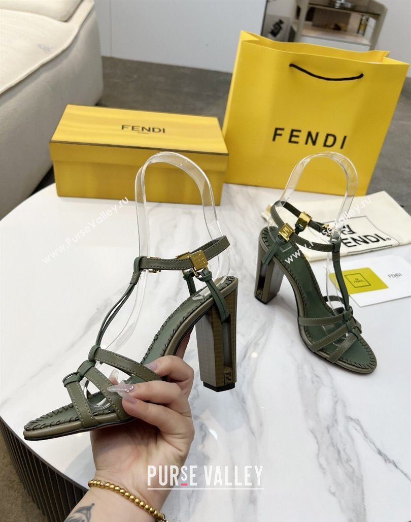 Fendi Delfina High Heel Sandals 10cm in Leather with T-bar Strap Green 2025 (MD-250425130)