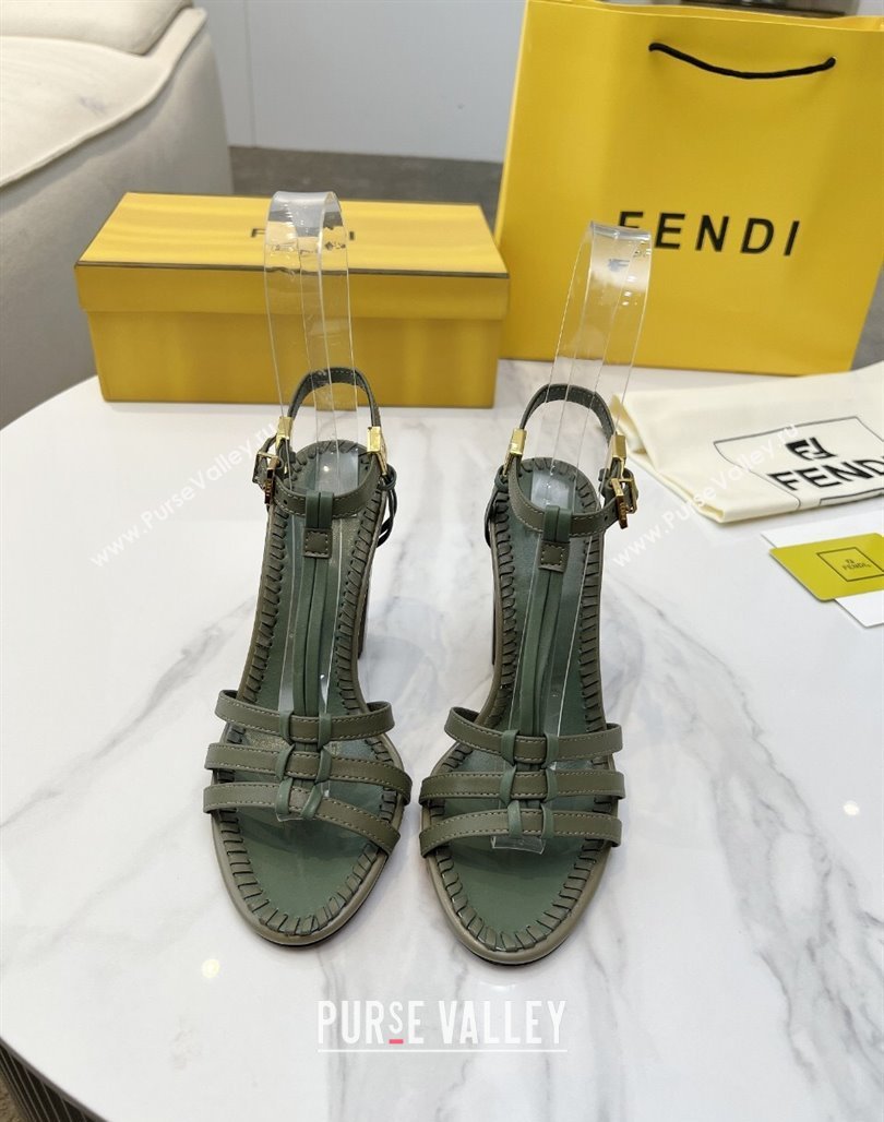 Fendi Delfina High Heel Sandals 10cm in Leather with T-bar Strap Green 2025 (MD-250425130)