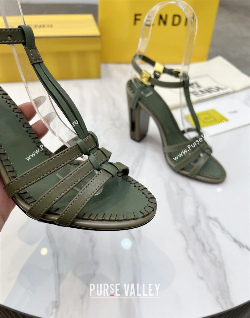 Fendi Delfina High Heel Sandals 10cm in Leather with T-bar Strap Green 2025 (MD-250425130)