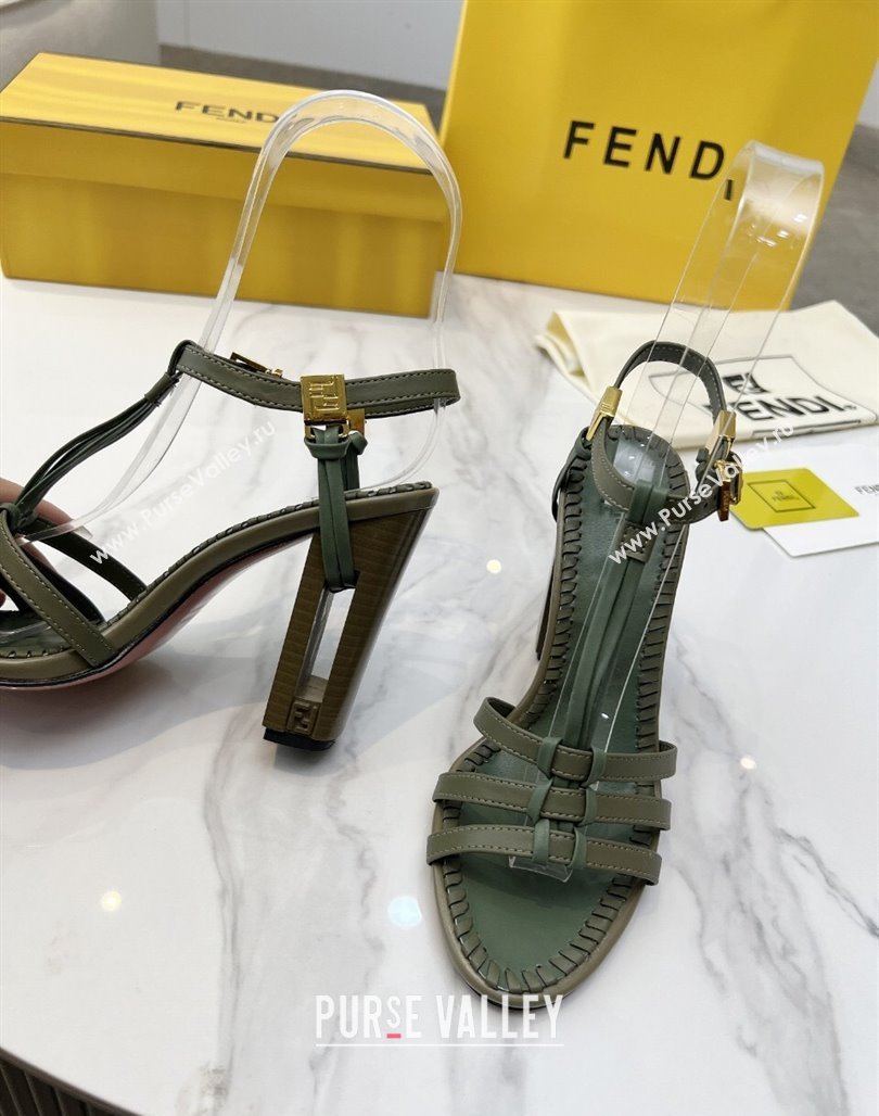 Fendi Delfina High Heel Sandals 10cm in Leather with T-bar Strap Green 2025 (MD-250425130)