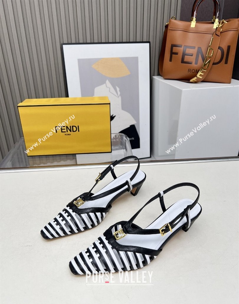 Fendi FFold Slingbacks Heeled Sandals 5cm in Bonded Leather Stripes Black/White 2025 (MD-250425135)