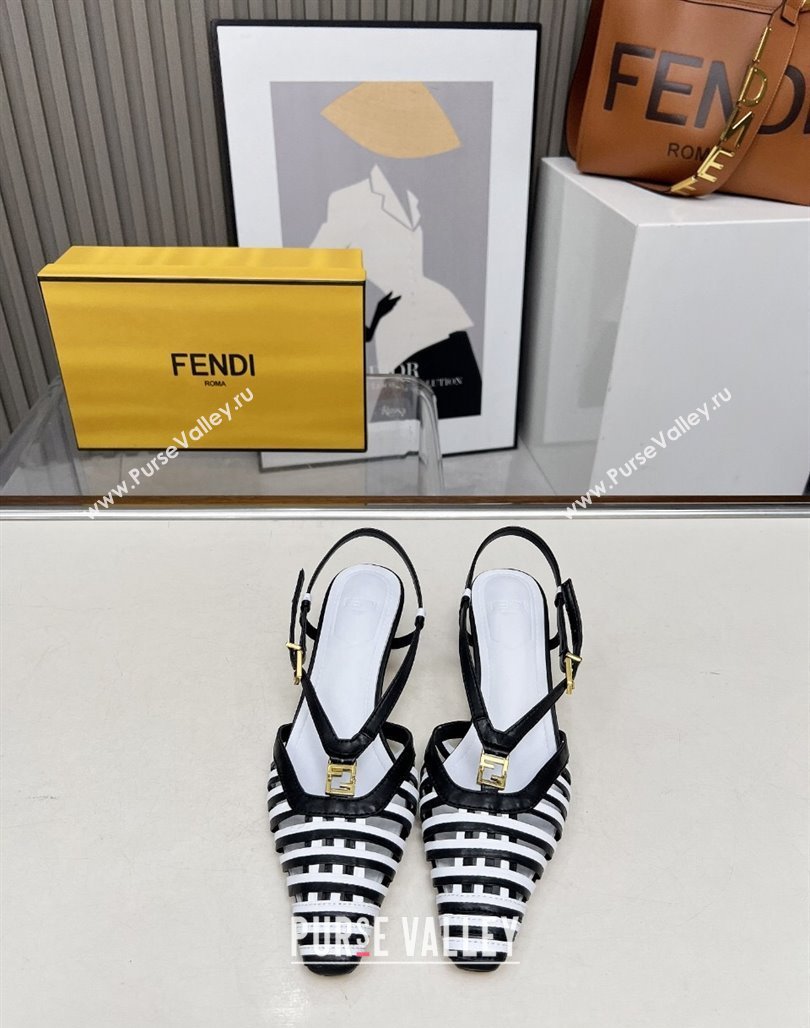 Fendi FFold Slingbacks Heeled Sandals 5cm in Bonded Leather Stripes Black/White 2025 (MD-250425135)