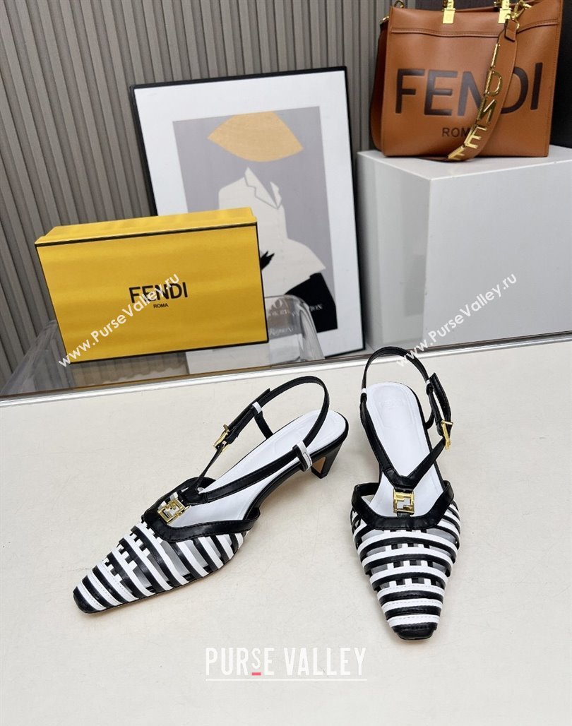 Fendi FFold Slingbacks Heeled Sandals 5cm in Bonded Leather Stripes Black/White 2025 (MD-250425135)