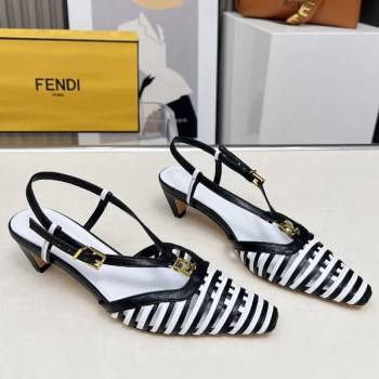Fendi FFold Slingbacks Heeled Sandals 5cm in Bonded Leather Stripes Black/White 2025 (MD-250425135)