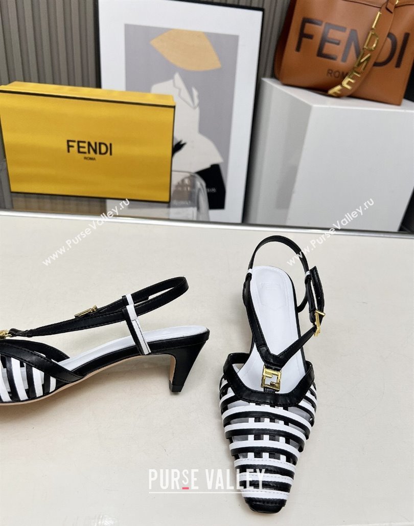 Fendi FFold Slingbacks Heeled Sandals 5cm in Bonded Leather Stripes Black/White 2025 (MD-250425135)