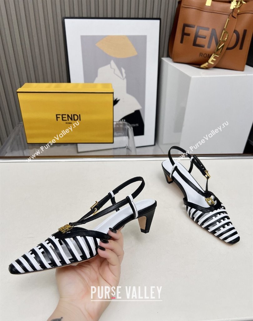 Fendi FFold Slingbacks Heeled Sandals 5cm in Bonded Leather Stripes Black/White 2025 (MD-250425135)