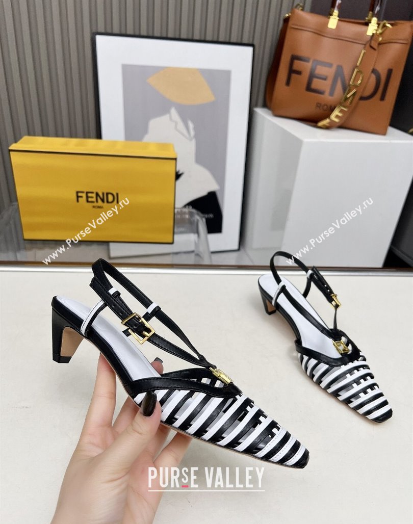 Fendi FFold Slingbacks Heeled Sandals 5cm in Bonded Leather Stripes Black/White 2025 (MD-250425135)