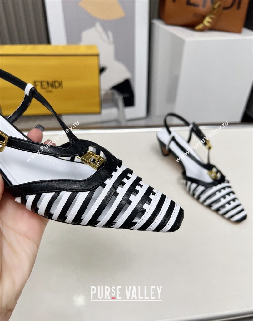 Fendi FFold Slingbacks Heeled Sandals 5cm in Bonded Leather Stripes Black/White 2025 (MD-250425135)