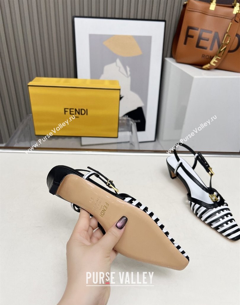 Fendi FFold Slingbacks Heeled Sandals 5cm in Bonded Leather Stripes Black/White 2025 (MD-250425135)
