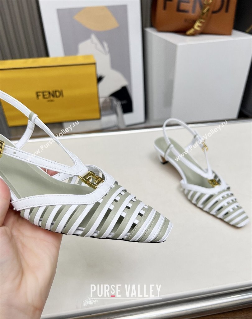 Fendi FFold Slingbacks Heeled Sandals 5cm in Bonded Leather Stripes White/Green 2025 (MD-250425136)