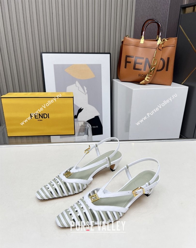 Fendi FFold Slingbacks Heeled Sandals 5cm in Bonded Leather Stripes White/Green 2025 (MD-250425136)
