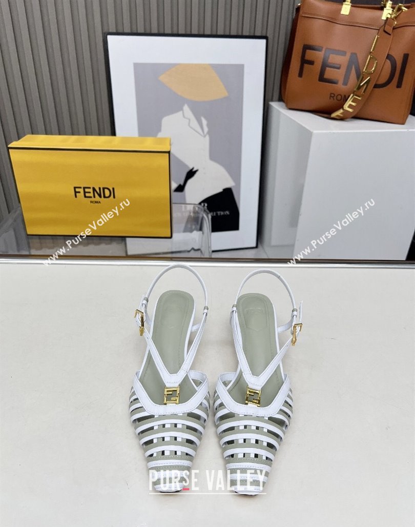 Fendi FFold Slingbacks Heeled Sandals 5cm in Bonded Leather Stripes White/Green 2025 (MD-250425136)