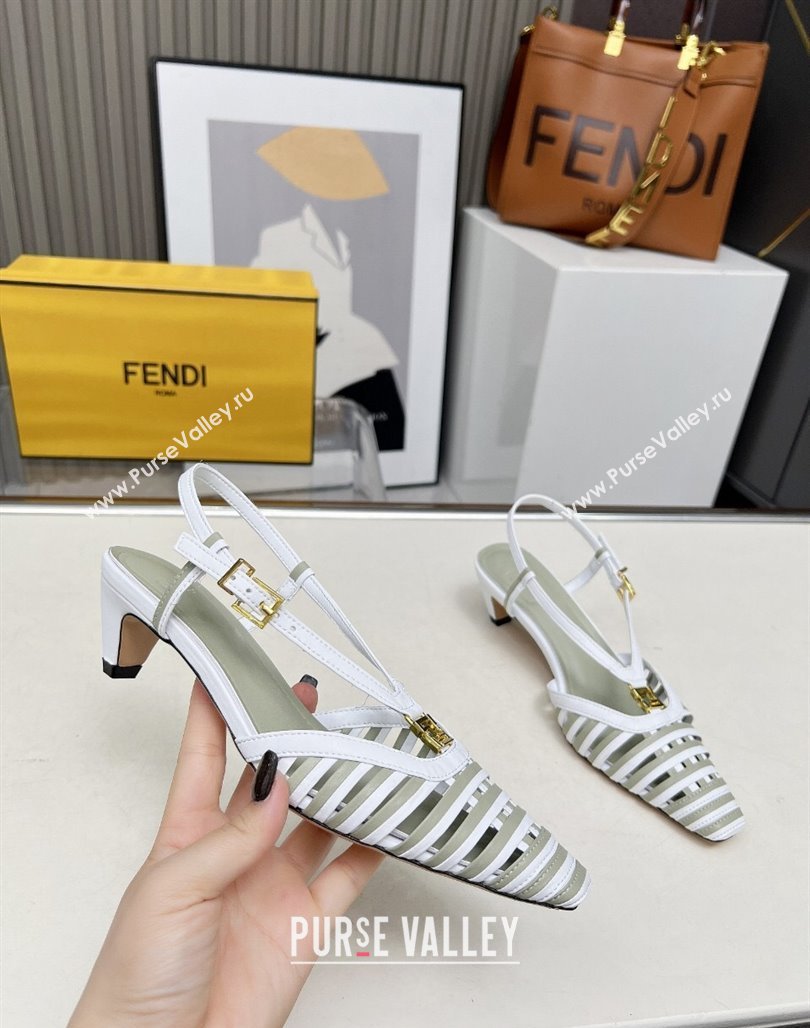 Fendi FFold Slingbacks Heeled Sandals 5cm in Bonded Leather Stripes White/Green 2025 (MD-250425136)