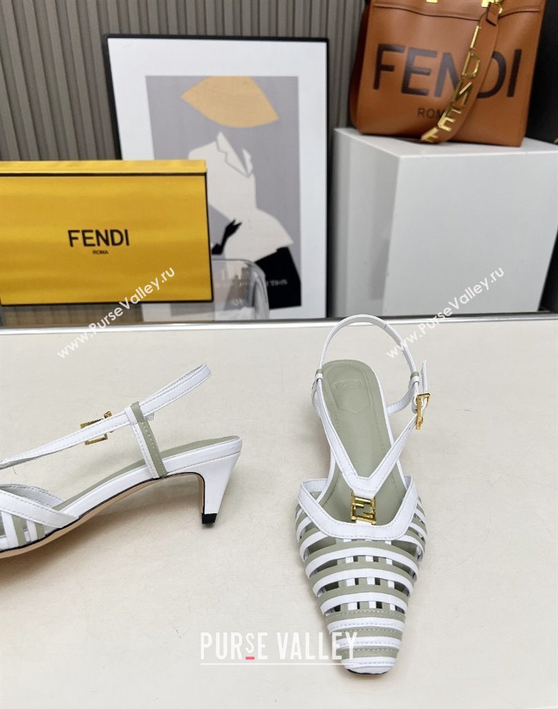 Fendi FFold Slingbacks Heeled Sandals 5cm in Bonded Leather Stripes White/Green 2025 (MD-250425136)