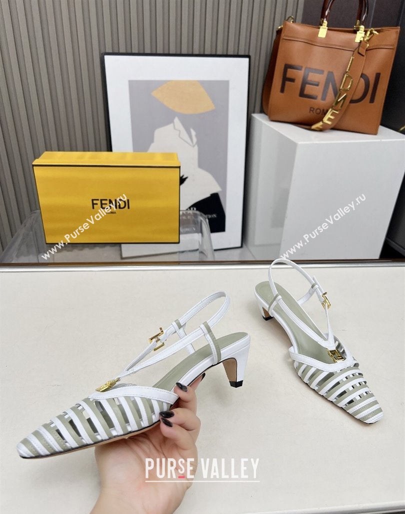 Fendi FFold Slingbacks Heeled Sandals 5cm in Bonded Leather Stripes White/Green 2025 (MD-250425136)