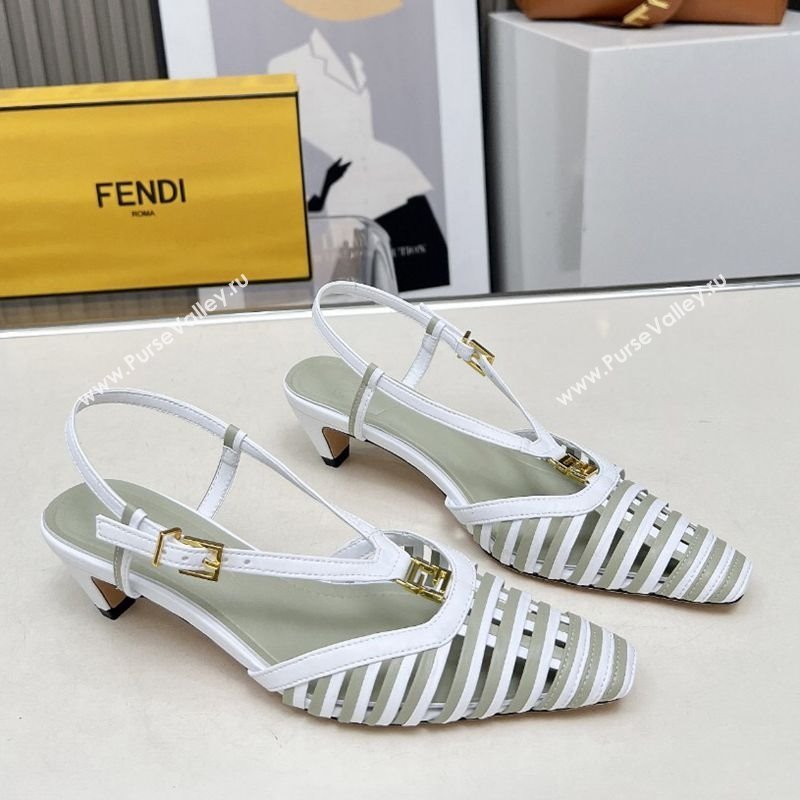Fendi FFold Slingbacks Heeled Sandals 5cm in Bonded Leather Stripes White/Green 2025 (MD-250425136)