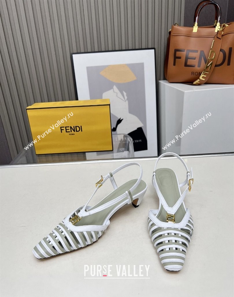 Fendi FFold Slingbacks Heeled Sandals 5cm in Bonded Leather Stripes White/Green 2025 (MD-250425136)