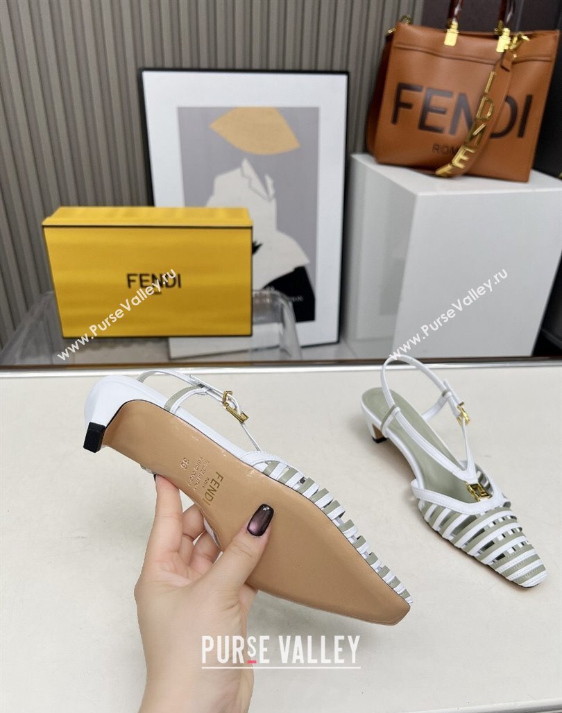 Fendi FFold Slingbacks Heeled Sandals 5cm in Bonded Leather Stripes White/Green 2025 (MD-250425136)