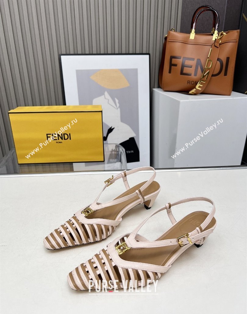 Fendi FFold Slingbacks Heeled Sandals 5cm in Bonded Leather Stripes Pink/Beige 2025 (MD-250425137)