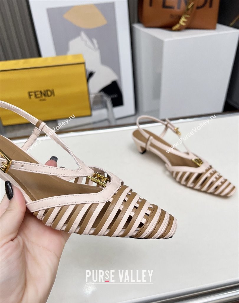 Fendi FFold Slingbacks Heeled Sandals 5cm in Bonded Leather Stripes Pink/Beige 2025 (MD-250425137)