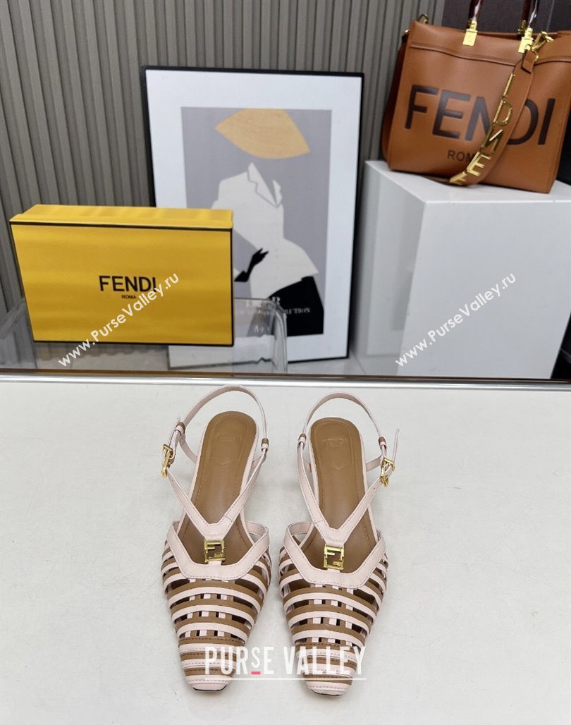 Fendi FFold Slingbacks Heeled Sandals 5cm in Bonded Leather Stripes Pink/Beige 2025 (MD-250425137)