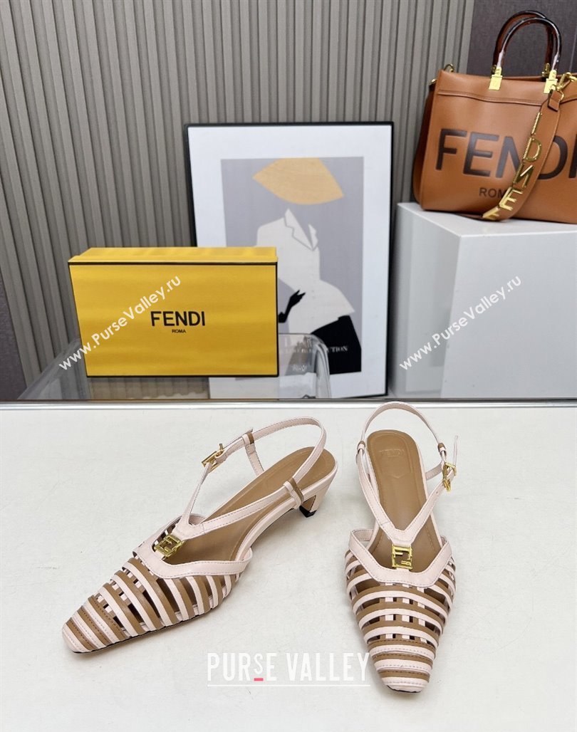 Fendi FFold Slingbacks Heeled Sandals 5cm in Bonded Leather Stripes Pink/Beige 2025 (MD-250425137)