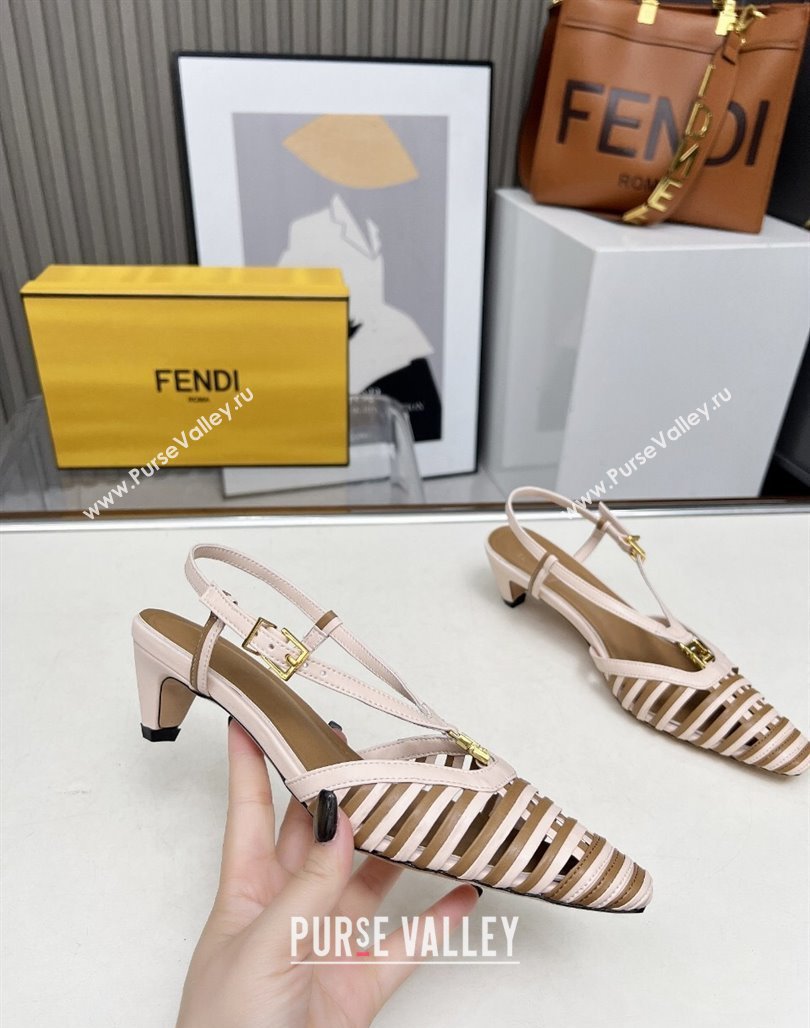 Fendi FFold Slingbacks Heeled Sandals 5cm in Bonded Leather Stripes Pink/Beige 2025 (MD-250425137)