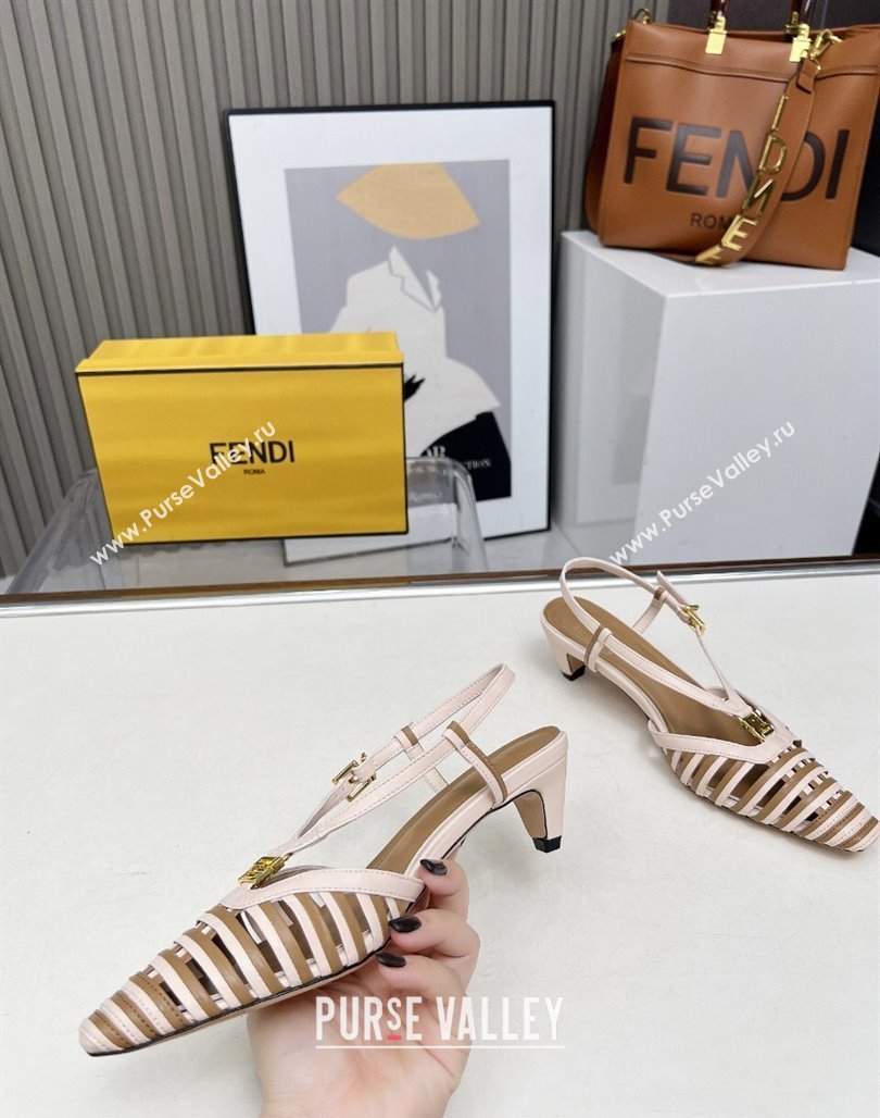 Fendi FFold Slingbacks Heeled Sandals 5cm in Bonded Leather Stripes Pink/Beige 2025 (MD-250425137)